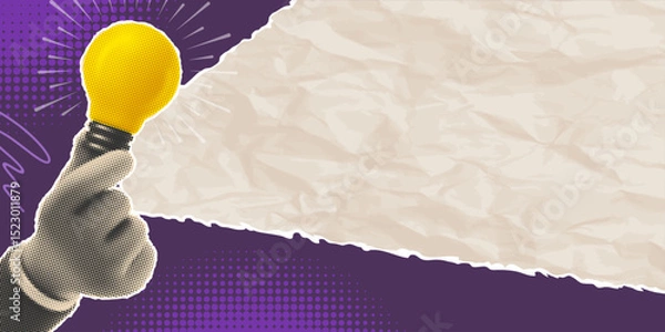 Obraz Collage in retro style, advertising banner background with halftone effect. Hand holding Light bulb, cut from a newspaper or magazine, announcing training info, promotions, offers, new idea. Vector