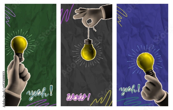 Obraz Banner with collage in retro style, advertising banner with halftone effect. Hand holding Yellow Light bulb, cut from a newspaper or magazine, announcing crazy promotions or news. Vector illustration