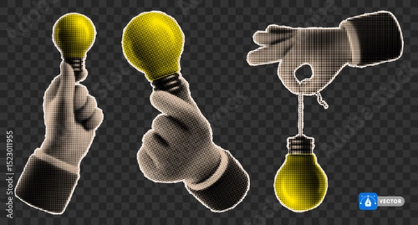 Obraz Hand holding Yellow Light bulb, cut from a newspaper or magazine, concept of idea, quick tips, advice, training. Conceptual design elements in retro style, with halftone effect. Vector illustration