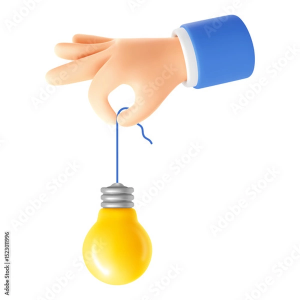 Obraz Hand holding yellow light bulb on wire up two fingers. 3d realistic lightbulb hanging on the wire. Concept of great idea, quick tip, brainstorm, new business, startup. Isolated Vector illustration