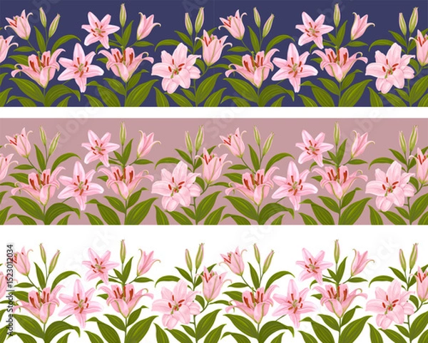 Obraz Horizontal seamless border with pattern of pink lily flowers, leaves and buds isolated on a white, pink or blue background. Cute floral botanical decoration. Vector illustration
