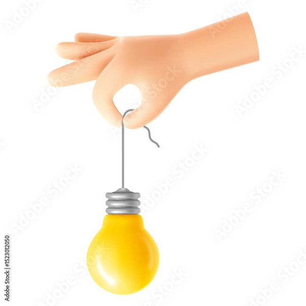 Obraz Hand holding yellow light bulb on wire up two fingers. 3d realistic lightbulb hanging on the wire. Concept of great idea, quick tip, brainstorm, new business, startup. Isolated Vector illustration