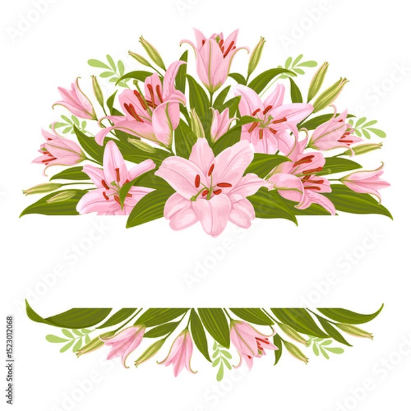 Obraz GGreeting card, label. Floral decorative vignette with pink lily flowers and copy space. Decor, composition with daylily, leaves and buds isolated on white background. Vector illustration