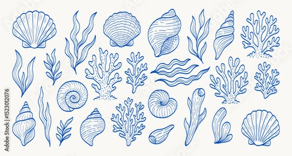 Obraz A blue and white drawing of various sea creatures including shells, seaweed, and coral. The drawing has a calming and serene mood, with the blue and white colors creating a sense of tranquility