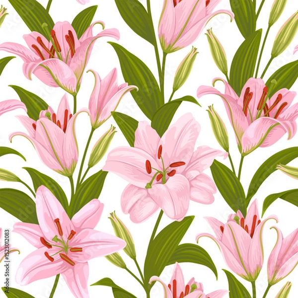 Obraz Seamless pattern with pink lily flowers, leaves and buds isolated on a white background. Wallpaper with lilies. Cute floral botanical decoration. Vector illustration