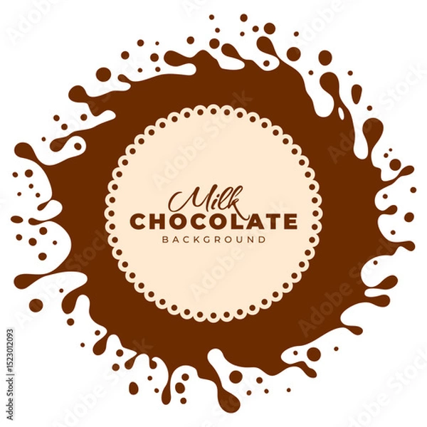 Obraz Splash and shake of milk and chocolate. Template with dynamic splash, drops, circle shaped, top view. Can be used for backgrounds, logo, emblem, label of sweet dairy products. Vector illustration