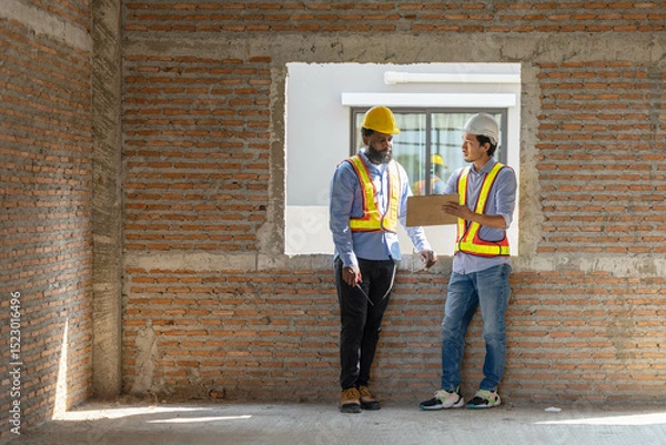 Fototapeta Construction workers collaborating on a building project at a construction site in the daytime