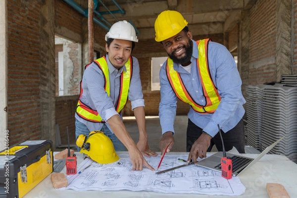 Fototapeta Construction workers collaborating on a building project at a construction site in the daytime