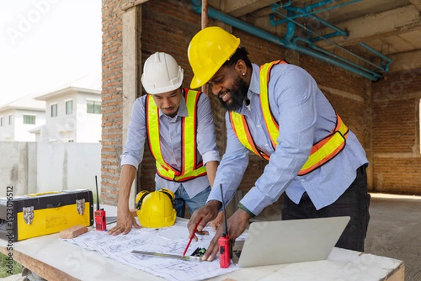 Fototapeta Construction workers collaborating on a building project at a construction site in the daytime