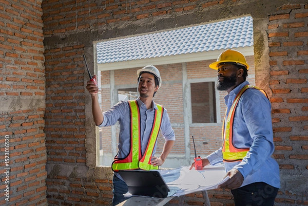 Fototapeta Construction workers collaborating on a building project at a construction site in the daytime