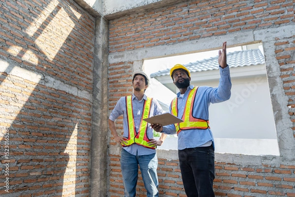 Fototapeta Construction workers collaborating on a building project at a construction site in the daytime