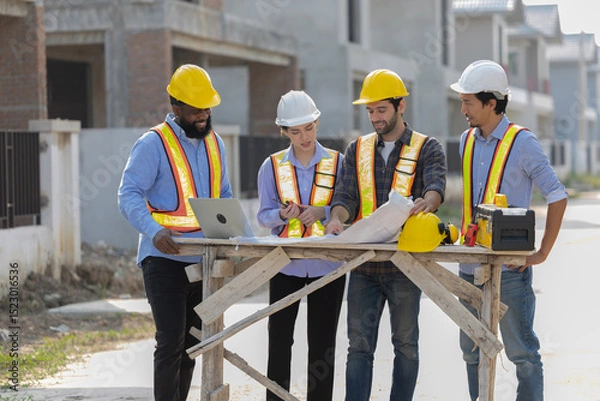 Fototapeta Construction workers collaborating on a building project at a construction site in the daytime