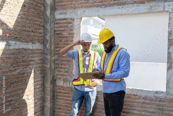 Fototapeta Construction workers collaborating on a building project at a construction site in the daytime