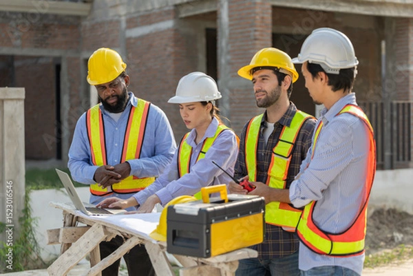 Fototapeta Construction workers collaborating on a building project at a construction site in the daytime