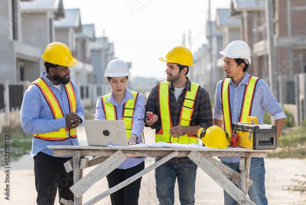 Fototapeta Construction workers collaborating on a building project at a construction site in the daytime