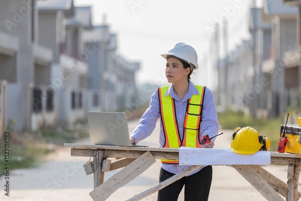 Fototapeta Caucasian construction manager monitors progress at a residential construction site