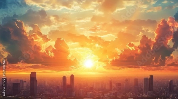 Obraz comic book style cartoon illustration of cityscape with sun and clouds in the sky