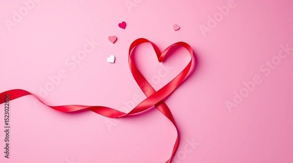 Obraz Red ribbon heart shape with small hearts on pink background