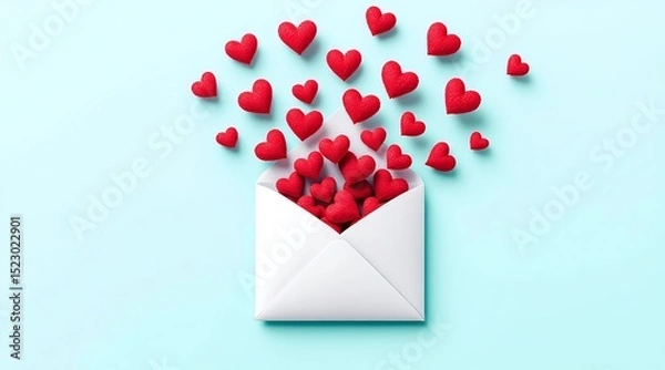 Obraz Red hearts overflowing from a white envelope on a light blue background