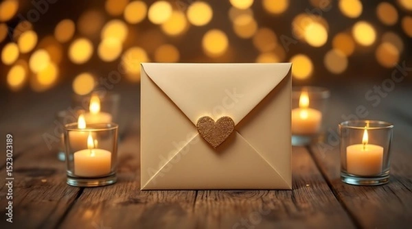 Obraz Romantic envelope with golden heart surrounded by candles