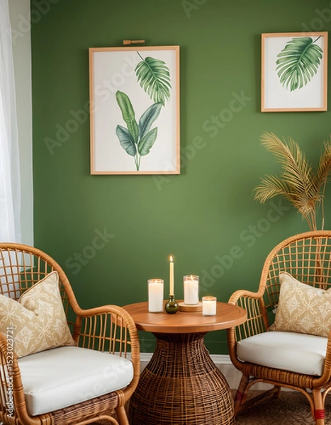 Fototapeta Elegant rattan seating paired with fragrant candles beside a lush botanical mural, Dreamy. White tone