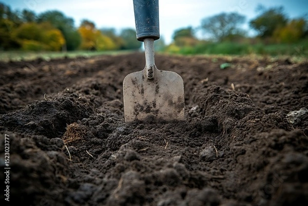 Fototapeta Gardening spade placed firmly in field high resolution picture