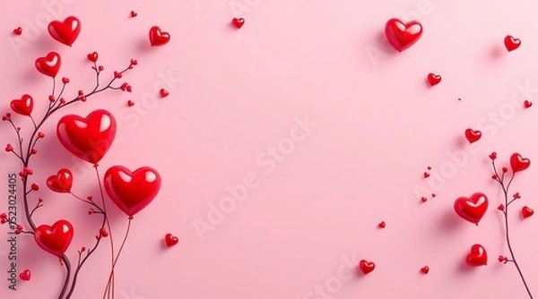 Obraz Romantic red heart balloons and branches on pink background