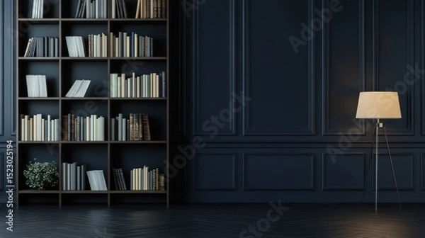 Fototapeta Dark library interior with bookshelves and lamp