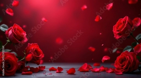 Obraz Romantic red roses and falling petals on dark background