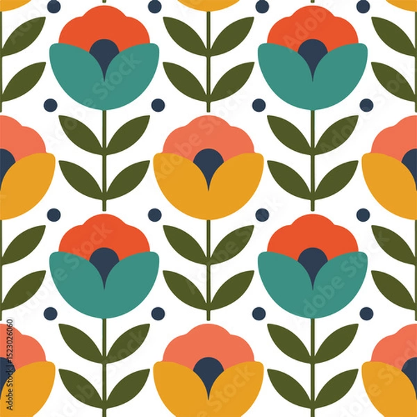 Fototapeta Seamless floral pattern with abstract tulip flowers and leaves.
