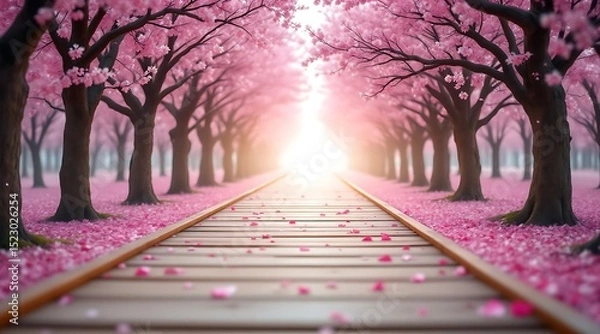 Obraz Serene wooden pathway through a blossoming pink cherry tree tunnel