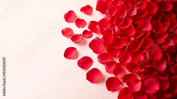 Obraz Scattered red rose petals on a light pink background