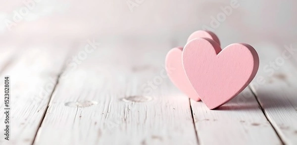 Obraz Two pink wooden hearts on whitewashed wooden surface