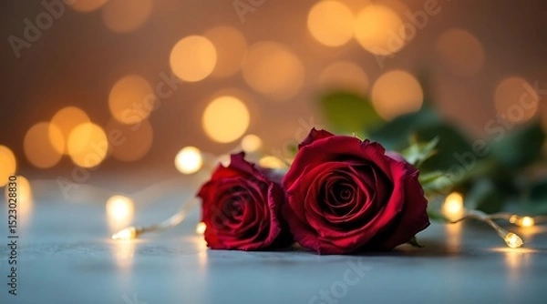 Obraz Two deep red roses with warm bokeh lights