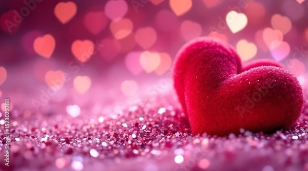 Obraz Two red velvet hearts on pink glitter background
