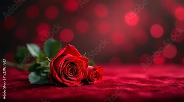 Obraz Two red roses on a velvet background with romantic bokeh
