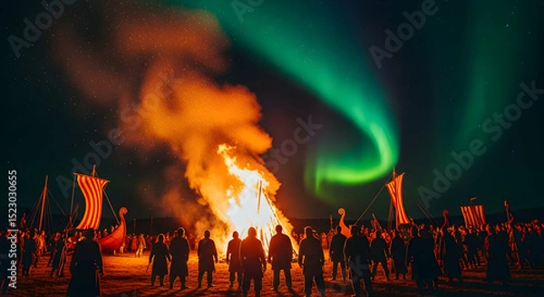 Fototapeta Viking Gathering Under Aurora Lights And Bonfire On Dramatic Evening