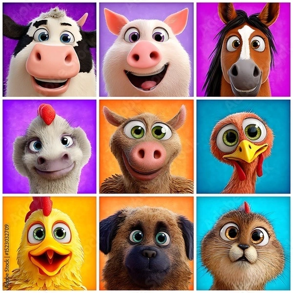 Fototapeta Cute and Colorful Cartoon Farm Animals Collection with Expressive Faces in Vibrant Backgrounds.