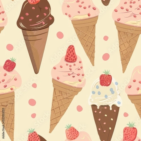 Fototapeta A delightful pattern of ice cream cones topped with strawberries
