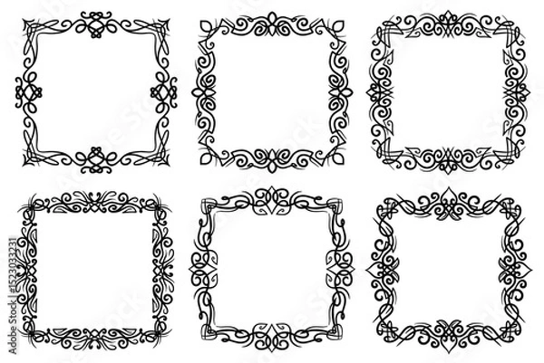 Fototapeta Abstract vintage line art square frames. Flourish black linear ornate borders, copy space for images and text.