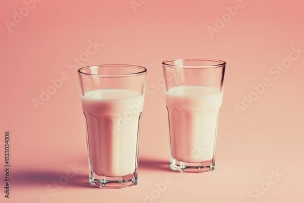 Fototapeta There are two glasses of creamy milk placed on a pink background