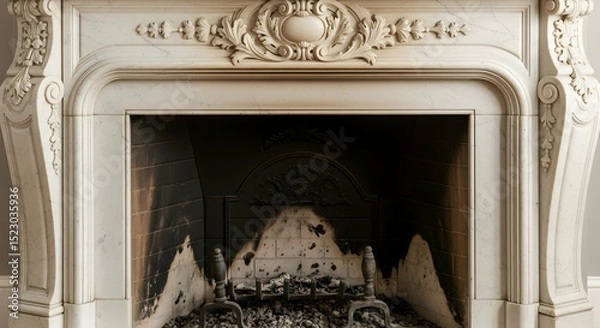 Obraz Ornate Fireplace With Marble Mantel and Historical Detail Close Up