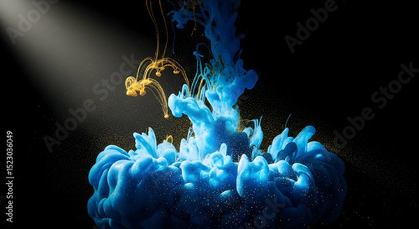 Obraz Illuminating Abstract Art: Blue and Gold Ink in Water Suspended on Black
