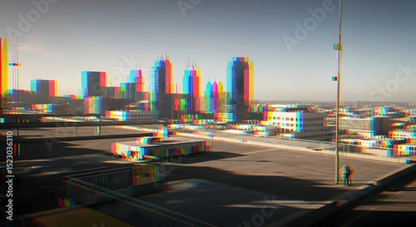 Obraz Modern Cityscape With a Glitch Effect From a Rooftop View