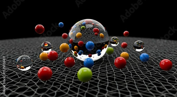 Obraz Geometric Sphere with Glass Balls Floating on Interconnected Wireframe Structure