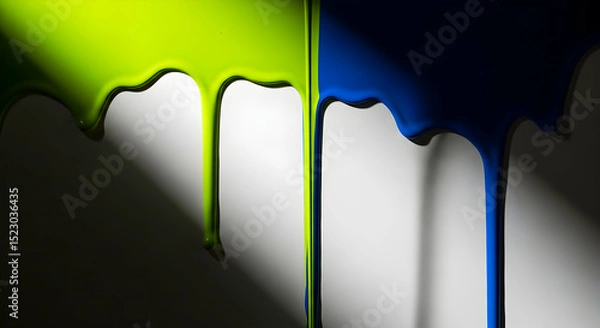 Obraz Lime And Blue Paint Dripping Down An Abstract White Background