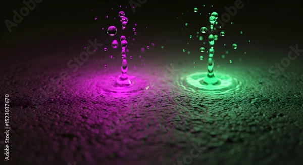 Fototapeta Luminous Water Droplets Creating Ripples With Vivid Colors in Dark Ambience