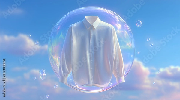 Fototapeta clean white shirt floating inside soap bubble on blue background — perfect for advertising laundry detergent, fabric softener, dry cleaning services, hygiene and freshness-related promotional material