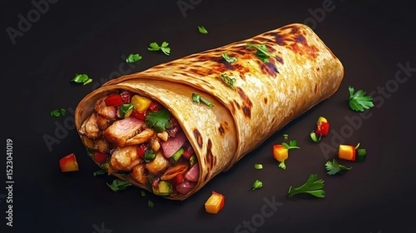 Obraz Tasty Chicken Burrito With Vegetables and Fresh Herbs Close Up on Dark Background, Delicious Meal