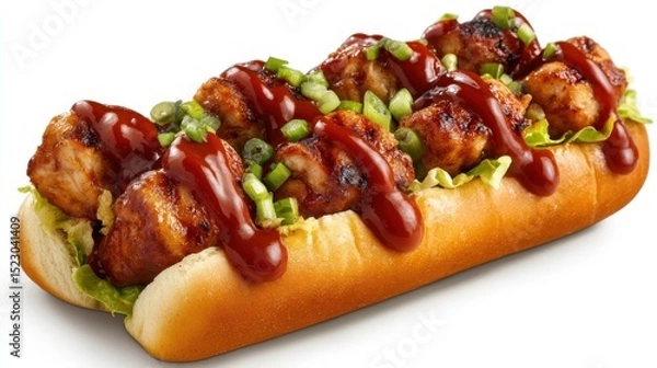 Obraz Delicious Chicken Meatball Sub. Savory Chicken Meatballs Topped With Sauce and Scallions